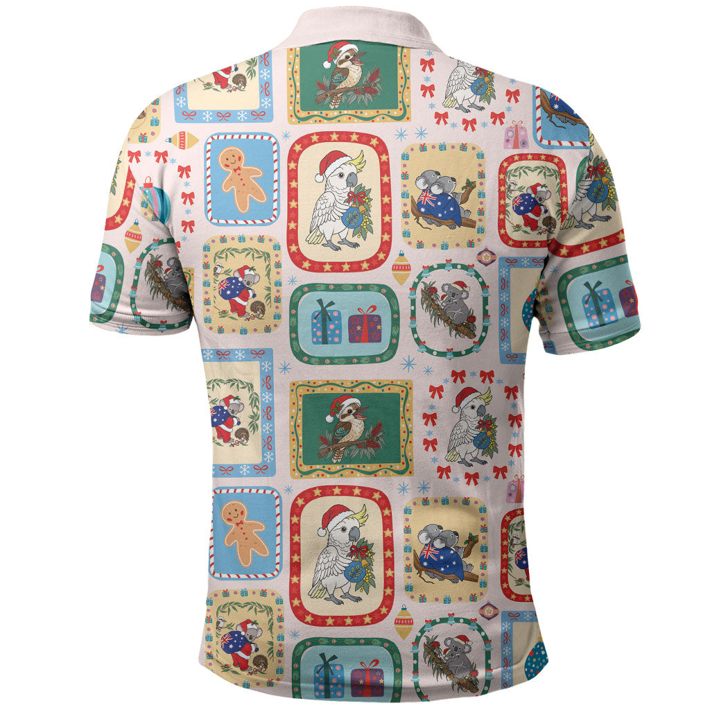 Australia Wildlife Christmas Stamp Polo Shirt Pink Aussie Native Animal Seamless Pattern