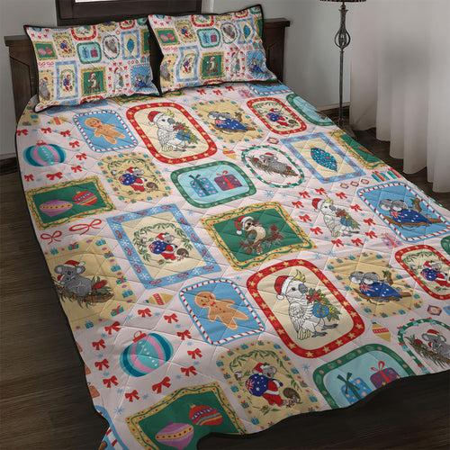 Australia Wildlife Christmas Stamp Quilt Bed Set Pink Aussie Native Animal Seamless Pattern