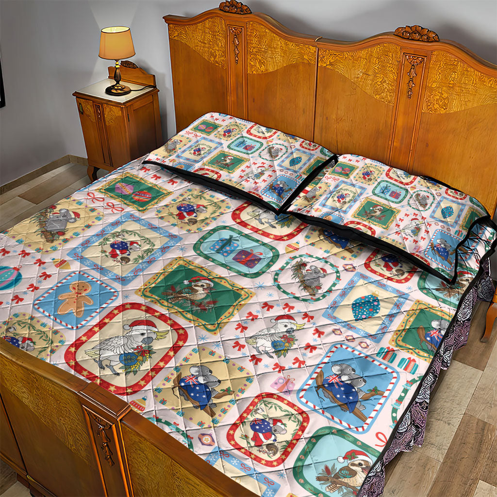 Australia Wildlife Christmas Stamp Quilt Bed Set Pink Aussie Native Animal Seamless Pattern