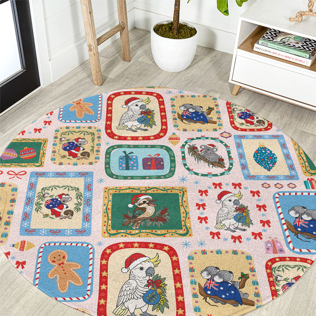 Australia Wildlife Christmas Stamp Round Carpet Pink Aussie Native Animal Seamless Pattern