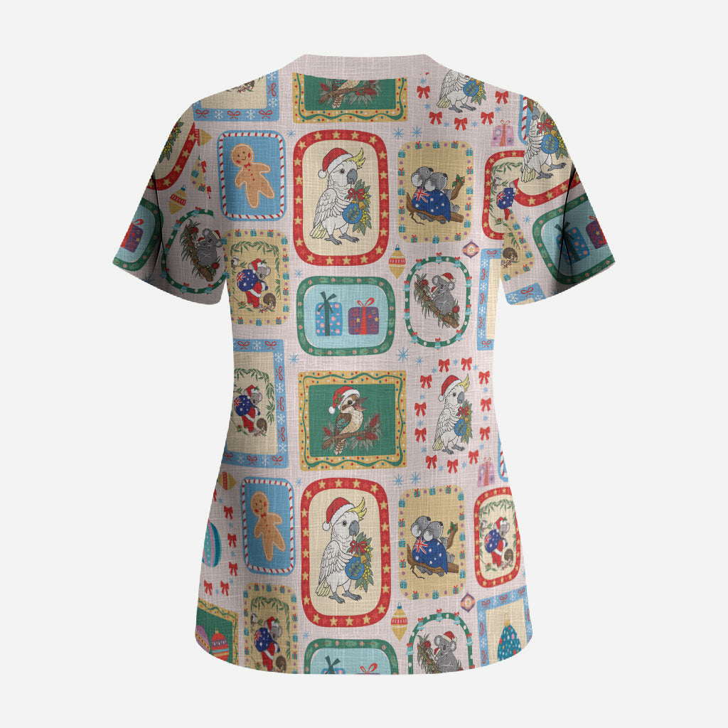 Australia Wildlife Christmas Stamp Scrub Top Pink Aussie Native Animal Seamless Pattern