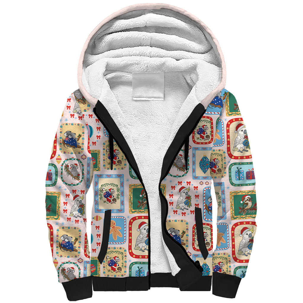 Australia Wildlife Christmas Stamp Sherpa Hoodie Pink Aussie Native Animal Seamless Pattern