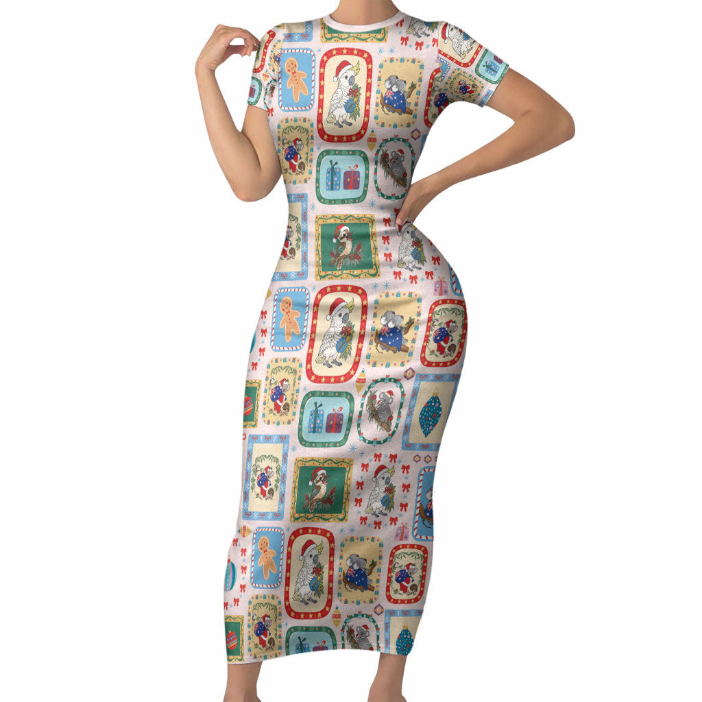 Australia Wildlife Christmas Stamp Short Sleeve Bodycon Dress Pink Aussie Native Animal Seamless Pattern