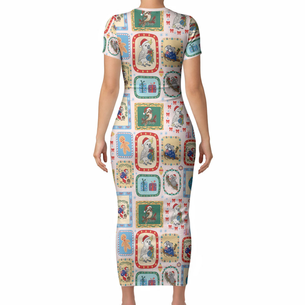 Australia Wildlife Christmas Stamp Short Sleeve Bodycon Dress Pink Aussie Native Animal Seamless Pattern