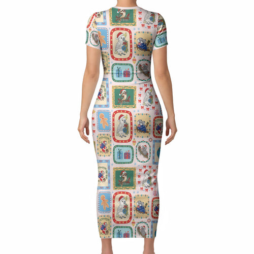 Australia Wildlife Christmas Stamp Short Sleeve Bodycon Dress Pink Aussie Native Animal Seamless Pattern