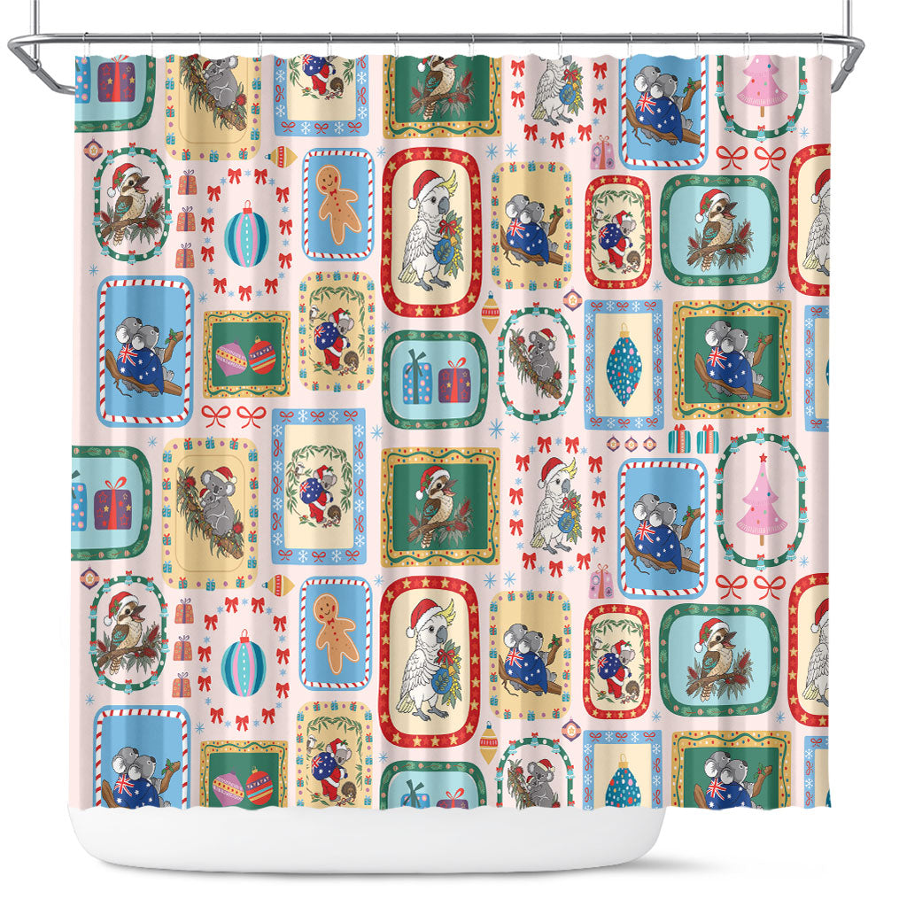 Australia Wildlife Christmas Stamp Shower Curtain Pink Aussie Native Animal Seamless Pattern