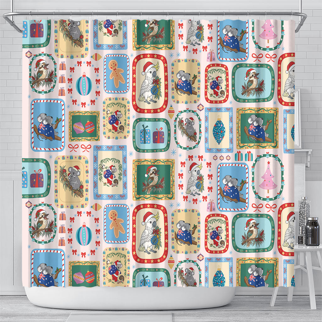 Australia Wildlife Christmas Stamp Shower Curtain Pink Aussie Native Animal Seamless Pattern