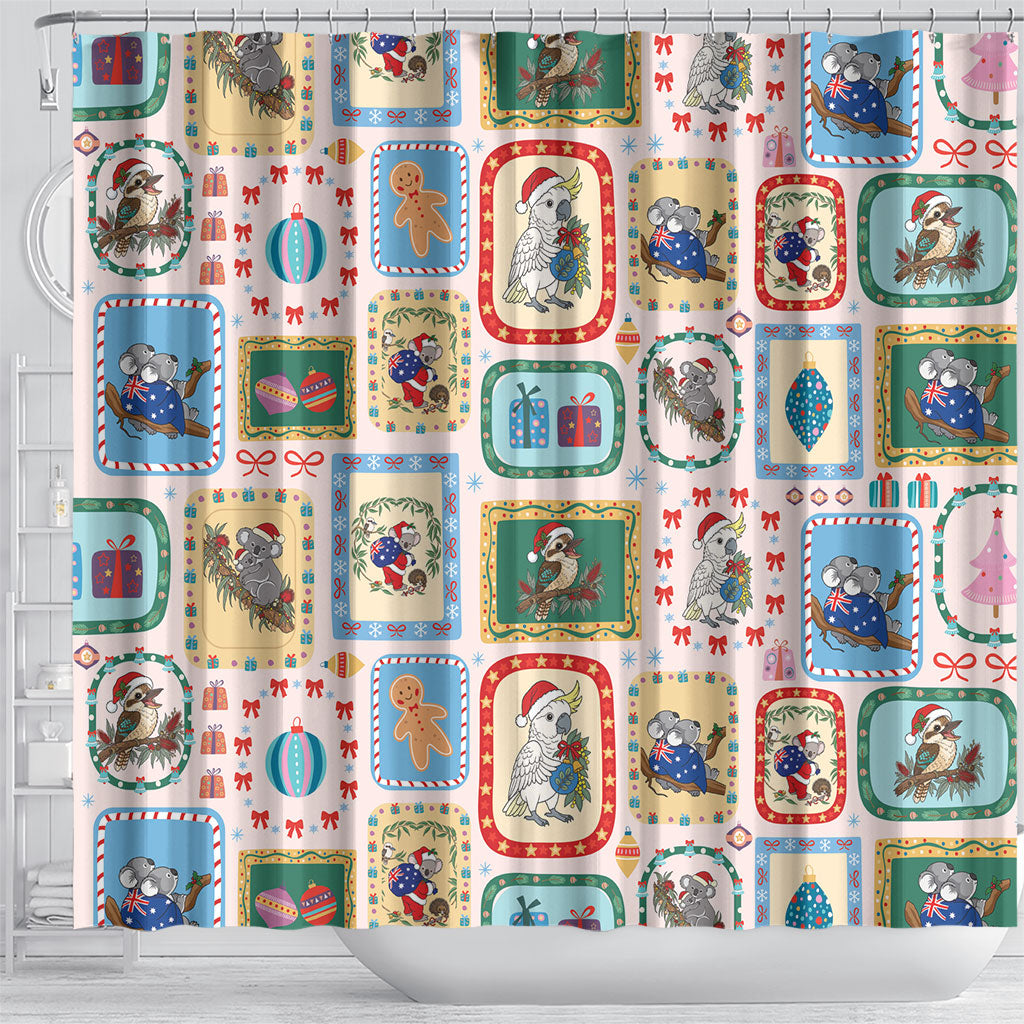 Australia Wildlife Christmas Stamp Shower Curtain Pink Aussie Native Animal Seamless Pattern