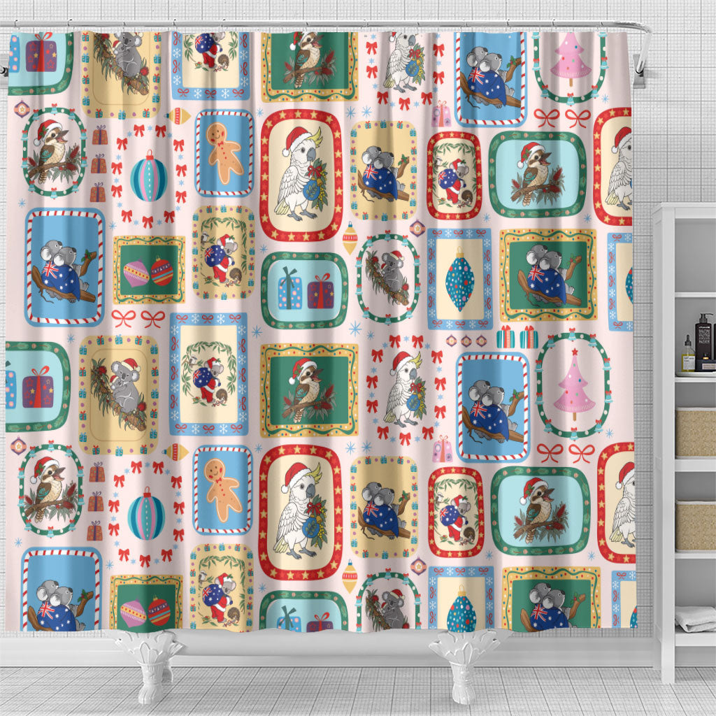 Australia Wildlife Christmas Stamp Shower Curtain Pink Aussie Native Animal Seamless Pattern