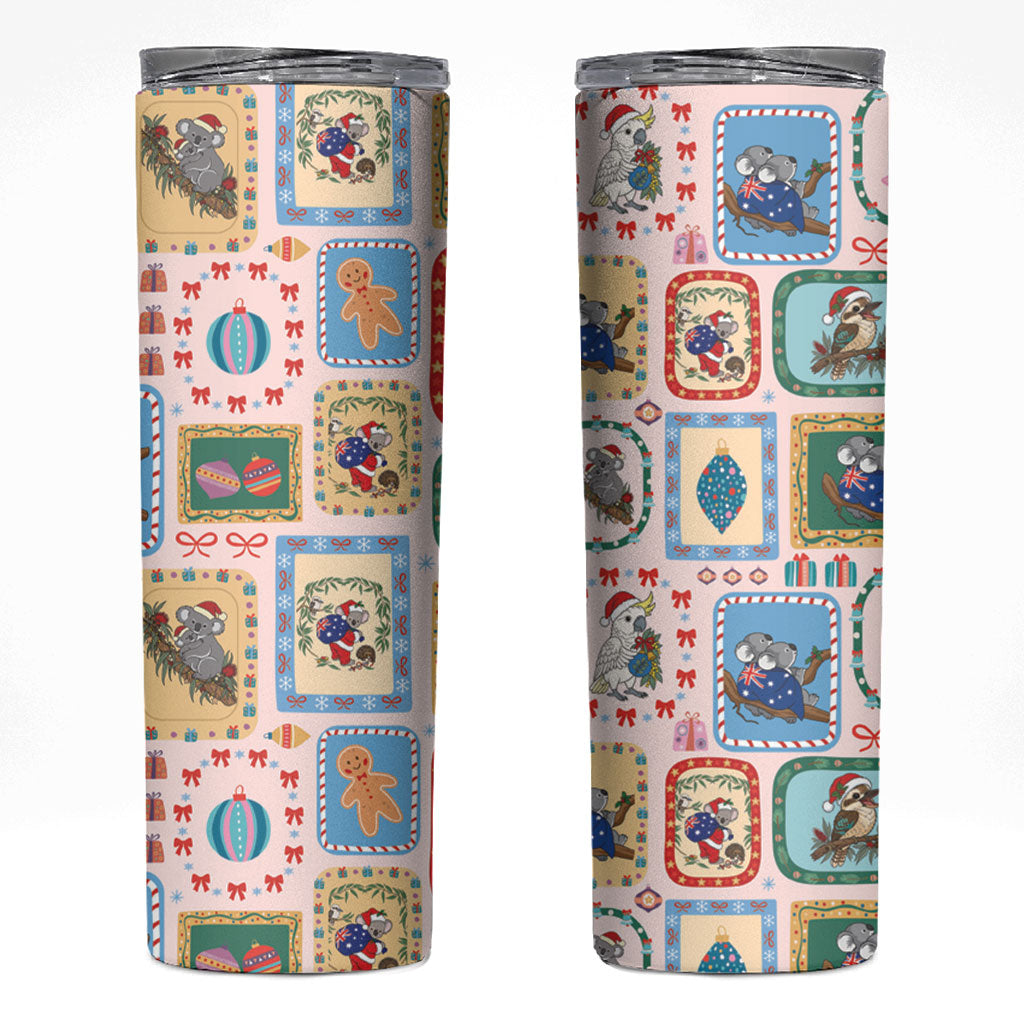 Australia Wildlife Christmas Stamp Skinny Tumbler Pink Aussie Native Animal Seamless Pattern