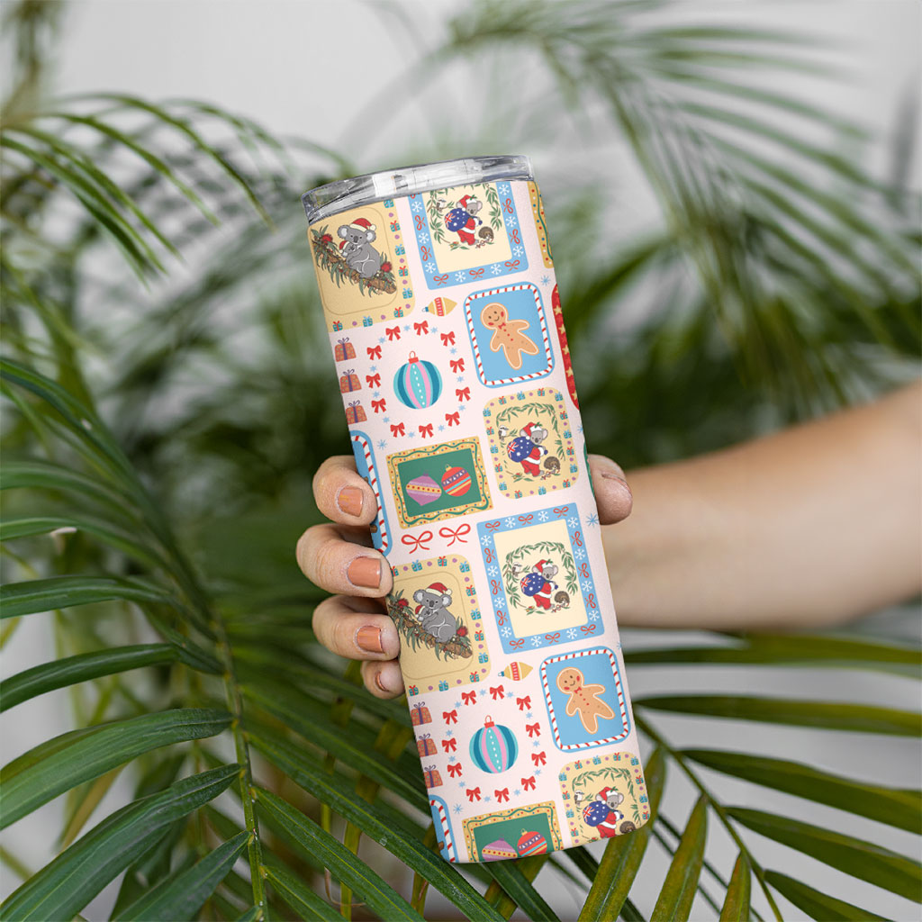 Australia Wildlife Christmas Stamp Skinny Tumbler Pink Aussie Native Animal Seamless Pattern