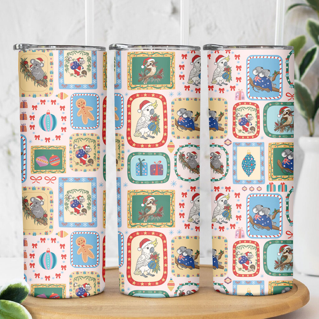 Australia Wildlife Christmas Stamp Skinny Tumbler Pink Aussie Native Animal Seamless Pattern