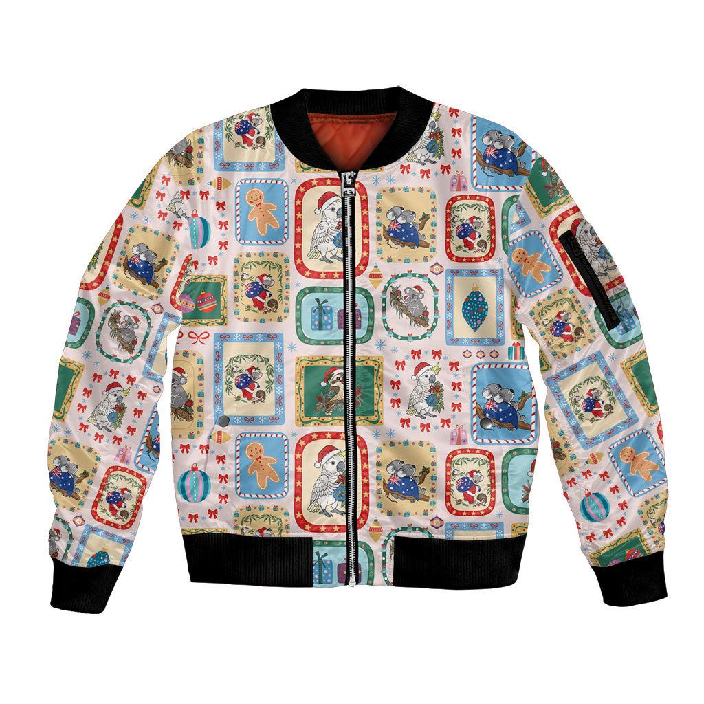 Australia Wildlife Christmas Stamp Sleeve Zip Bomber Jacket Pink Aussie Native Animal Seamless Pattern