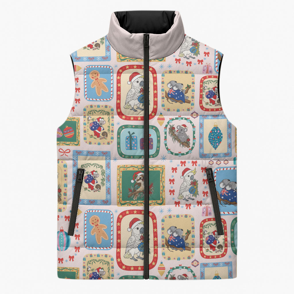 Australia Wildlife Christmas Stamp Sleeveless Puffer Jacket Pink Aussie Native Animal Seamless Pattern