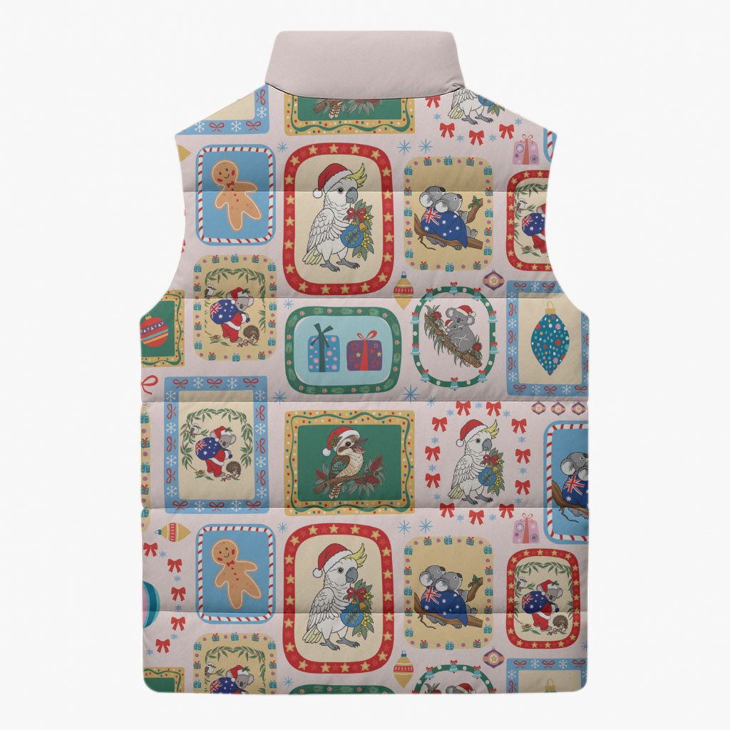 Australia Wildlife Christmas Stamp Sleeveless Puffer Jacket Pink Aussie Native Animal Seamless Pattern
