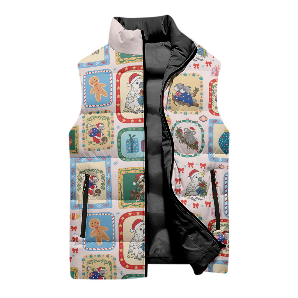Australia Wildlife Christmas Stamp Sleeveless Puffer Jacket Pink Aussie Native Animal Seamless Pattern