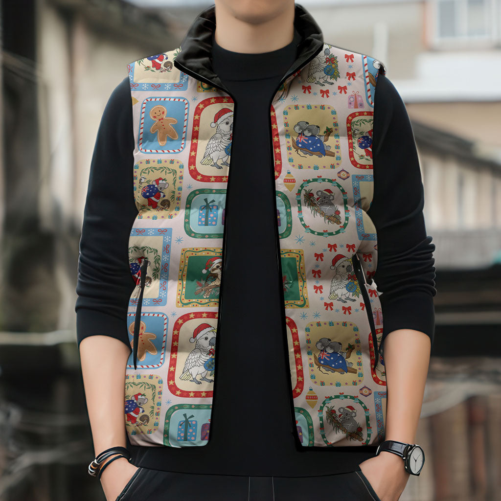 Australia Wildlife Christmas Stamp Sleeveless Puffer Jacket Pink Aussie Native Animal Seamless Pattern