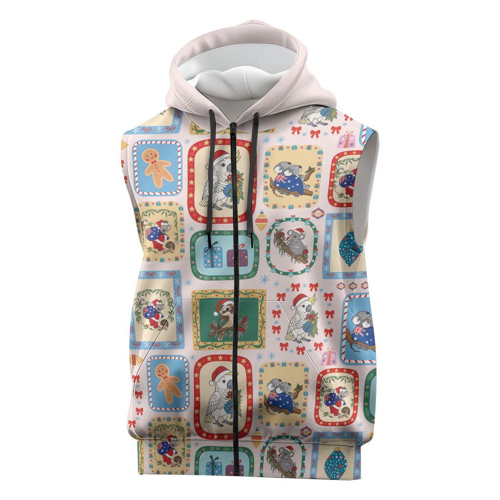 Australia Wildlife Christmas Stamp Sleeveless Zip Hoodie Pink Aussie Native Animal Seamless Pattern