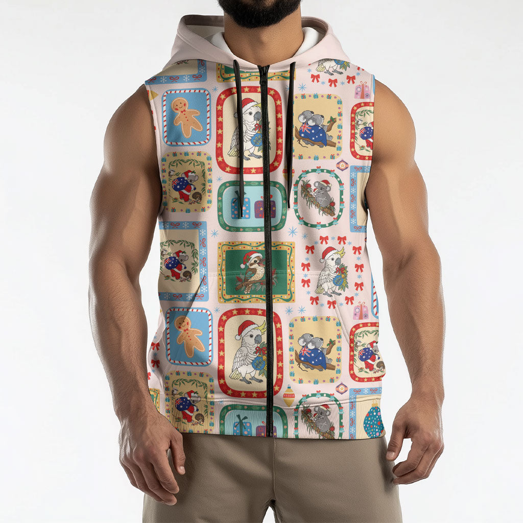 Australia Wildlife Christmas Stamp Sleeveless Zip Hoodie Pink Aussie Native Animal Seamless Pattern