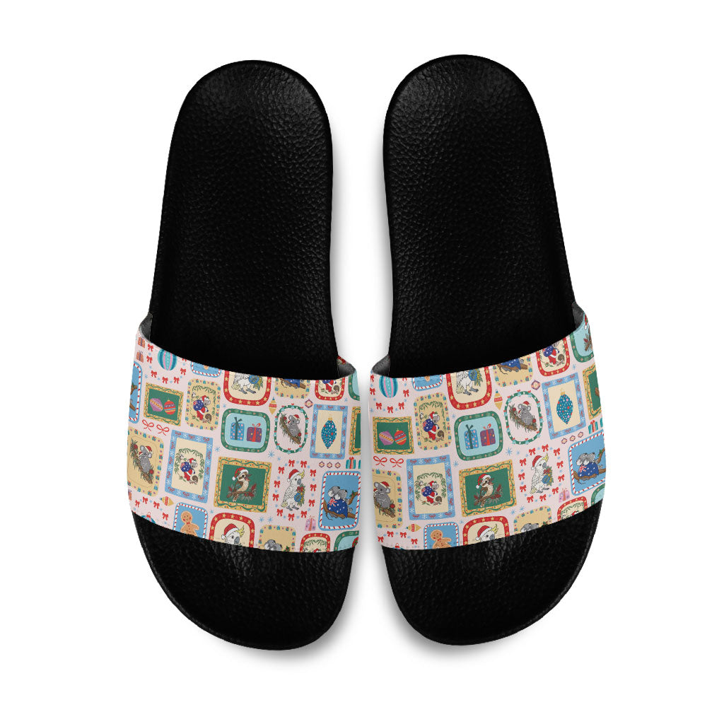 Australia Wildlife Christmas Stamp Slide Sandals Pink Aussie Native Animal Seamless Pattern