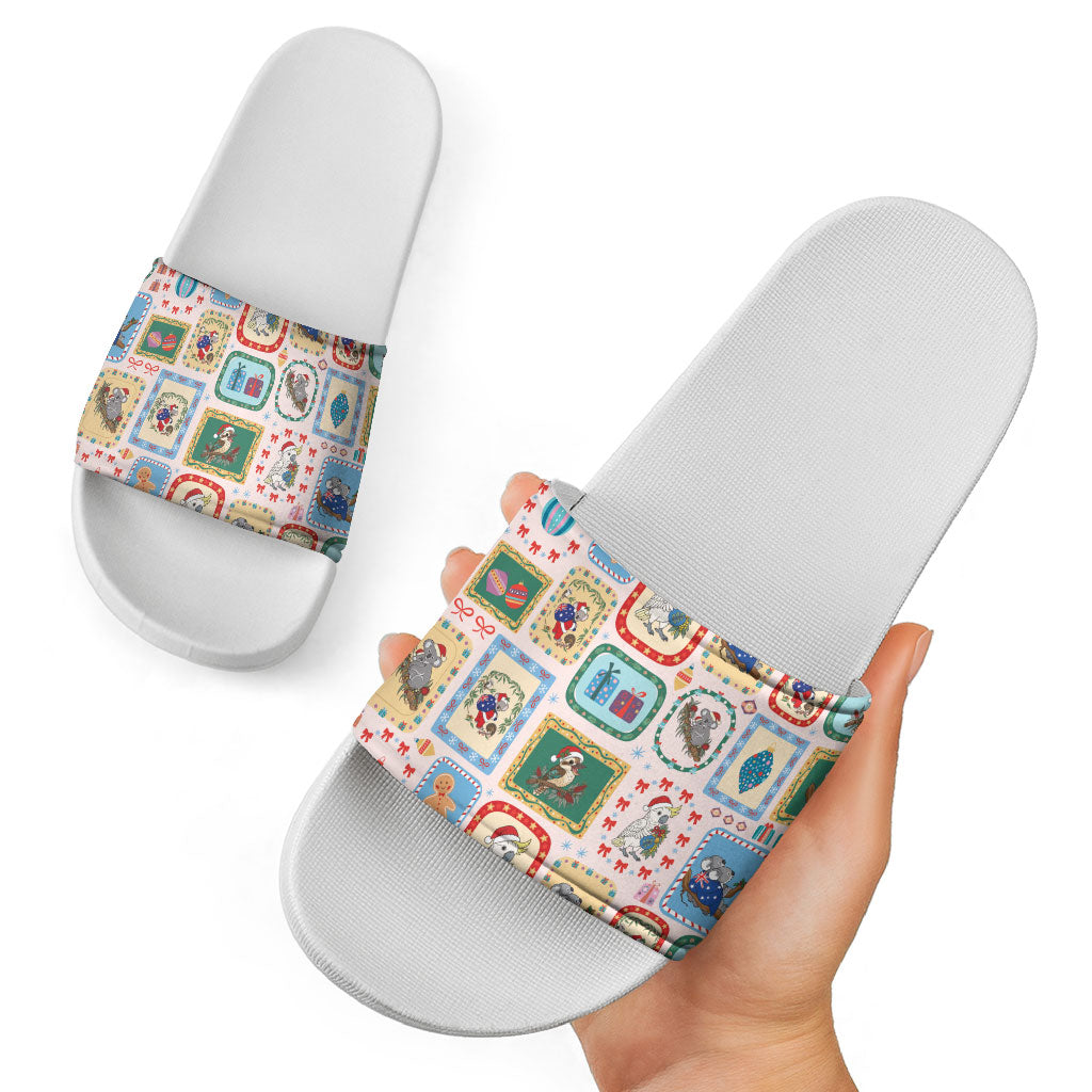 Australia Wildlife Christmas Stamp Slide Sandals Pink Aussie Native Animal Seamless Pattern