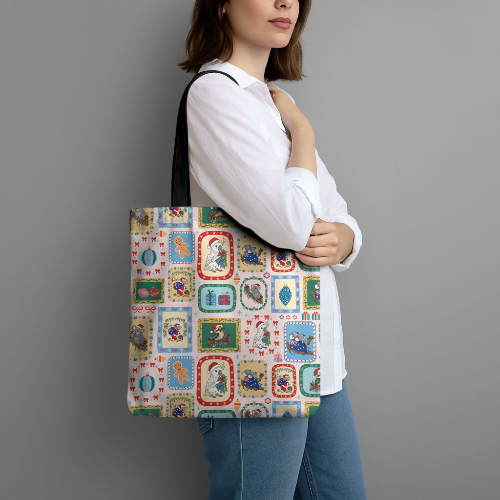 Australia Wildlife Christmas Stamp Tote Bag Pink Aussie Native Animal Seamless Pattern