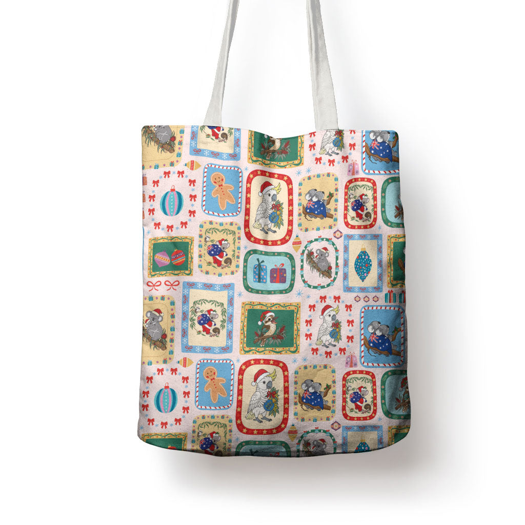 Australia Wildlife Christmas Stamp Tote Bag Pink Aussie Native Animal Seamless Pattern