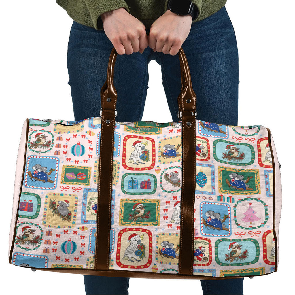Australia Wildlife Christmas Stamp Travel Bag Pink Aussie Native Animal Seamless Pattern