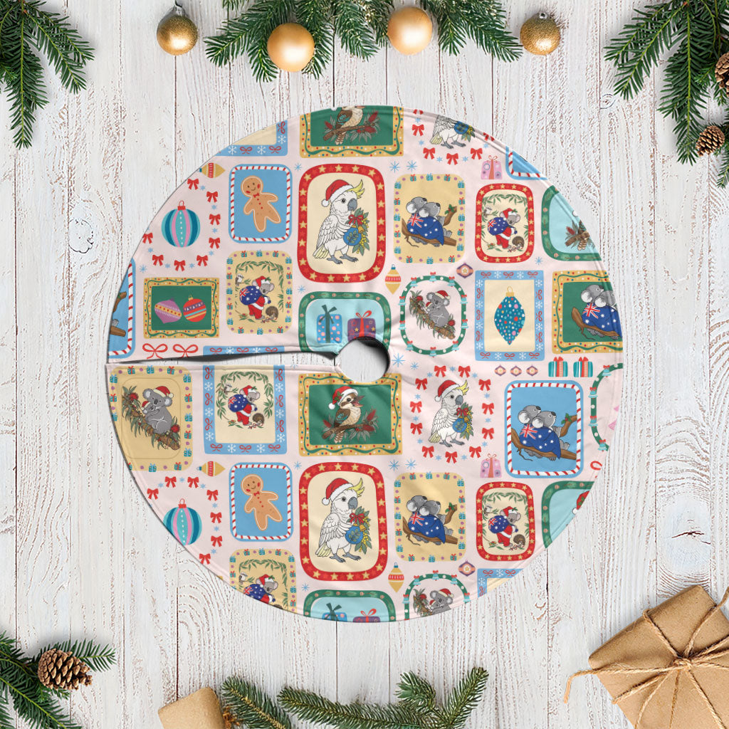 Australia Wildlife Christmas Stamps Tree Skirt Pink Aussie Native Animal Seamless Pattern