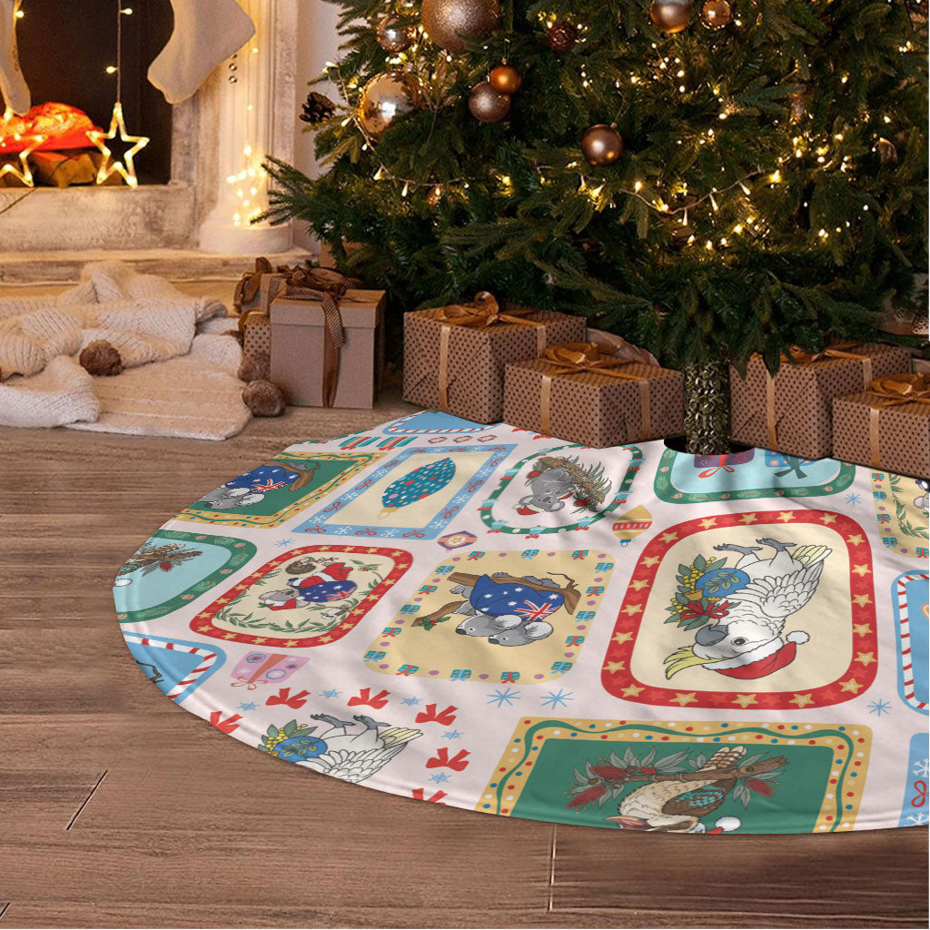 Australia Wildlife Christmas Stamps Tree Skirt Pink Aussie Native Animal Seamless Pattern