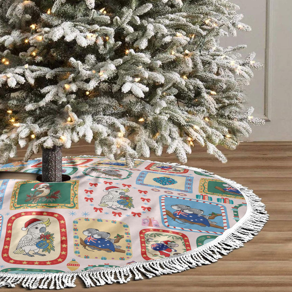 Australia Wildlife Christmas Stamps Tree Skirt Pink Aussie Native Animal Seamless Pattern