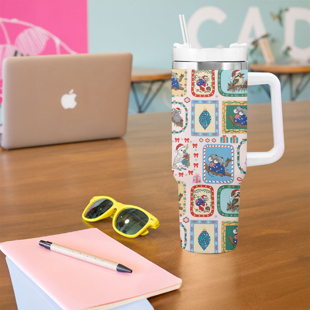 Australia Wildlife Christmas Stamp Tumbler With Handle Pink Aussie Native Animal Seamless Pattern