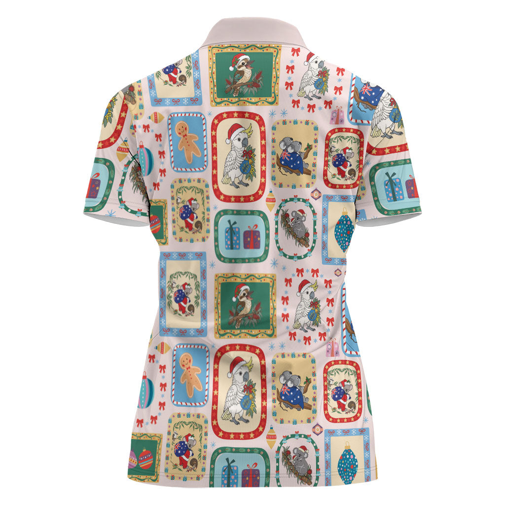 Australia Wildlife Christmas Stamp Women Polo Shirt Pink Aussie Native Animal Seamless Pattern