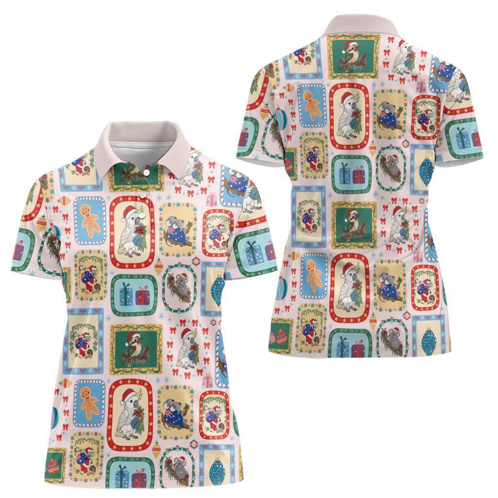 Australia Wildlife Christmas Stamp Women Polo Shirt Pink Aussie Native Animal Seamless Pattern