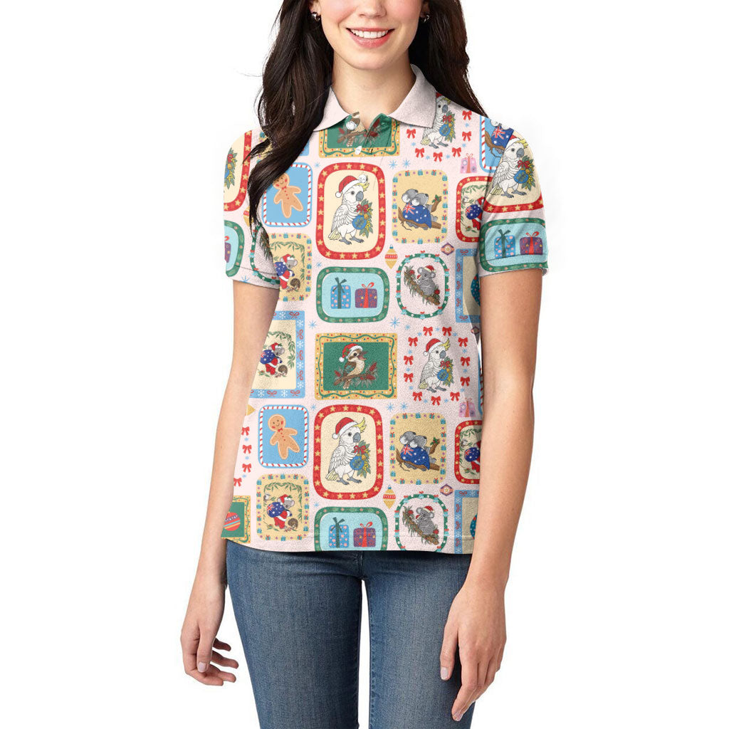 Australia Wildlife Christmas Stamp Women Polo Shirt Pink Aussie Native Animal Seamless Pattern