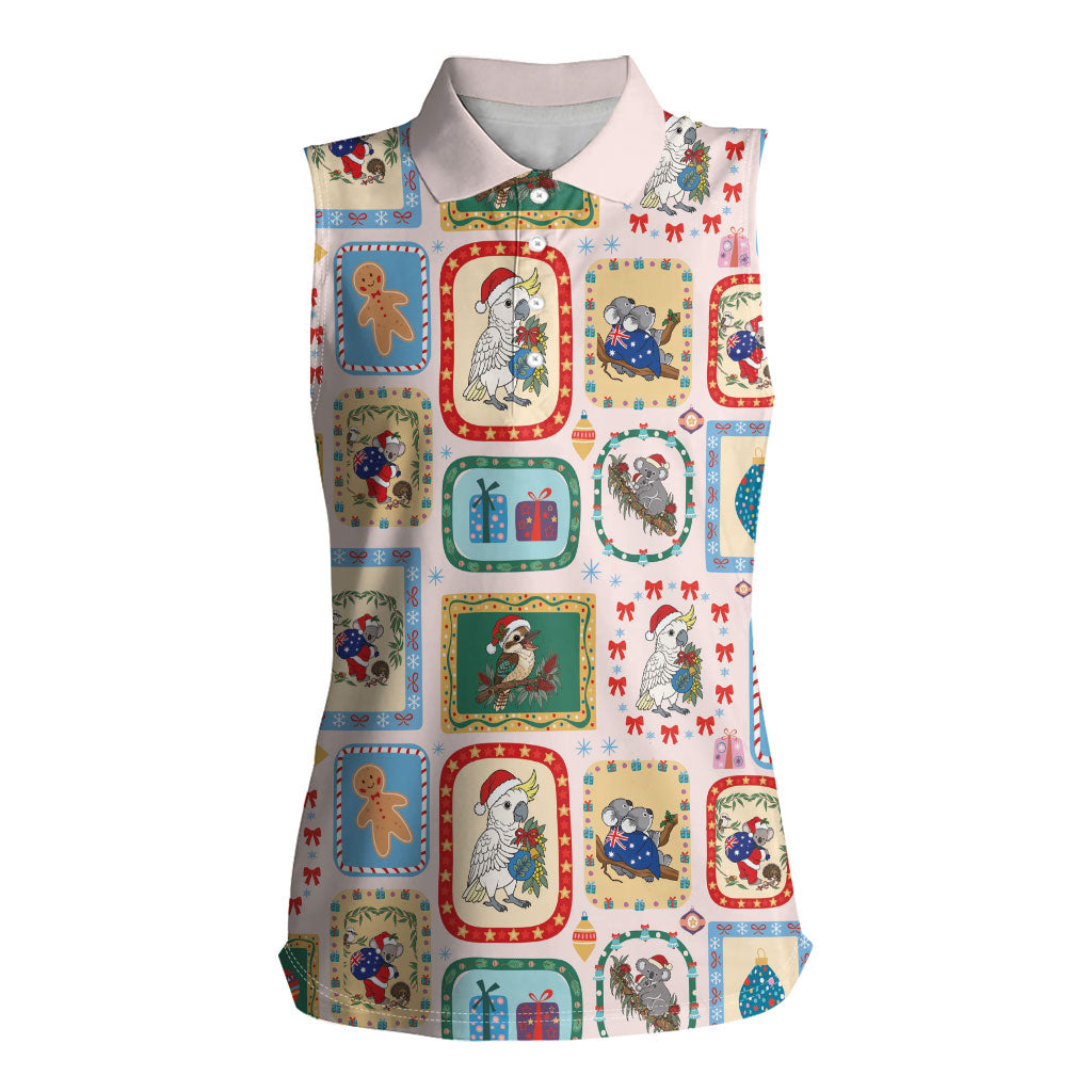 Australia Wildlife Christmas Stamp Women Sleeveless Polo Shirt Pink Aussie Native Animal Seamless Pattern