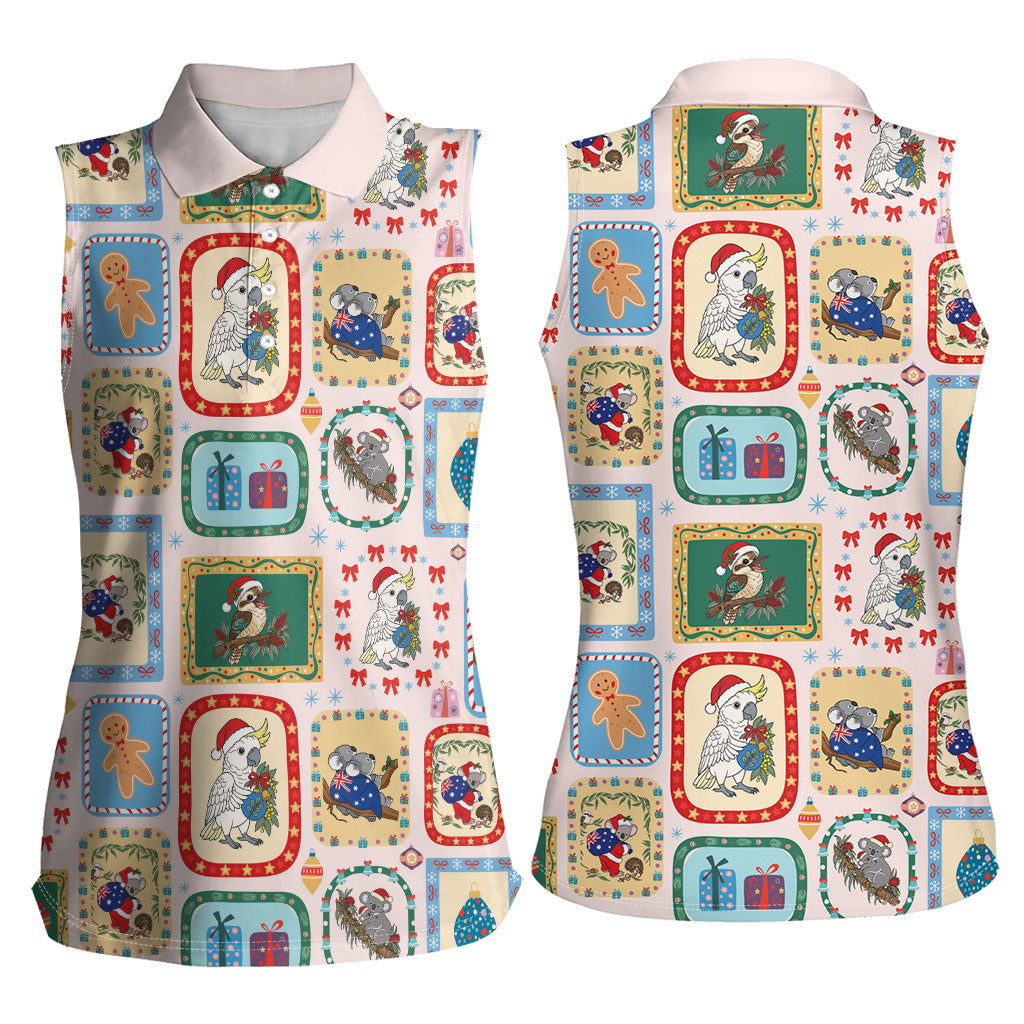Australia Wildlife Christmas Stamp Women Sleeveless Polo Shirt Pink Aussie Native Animal Seamless Pattern