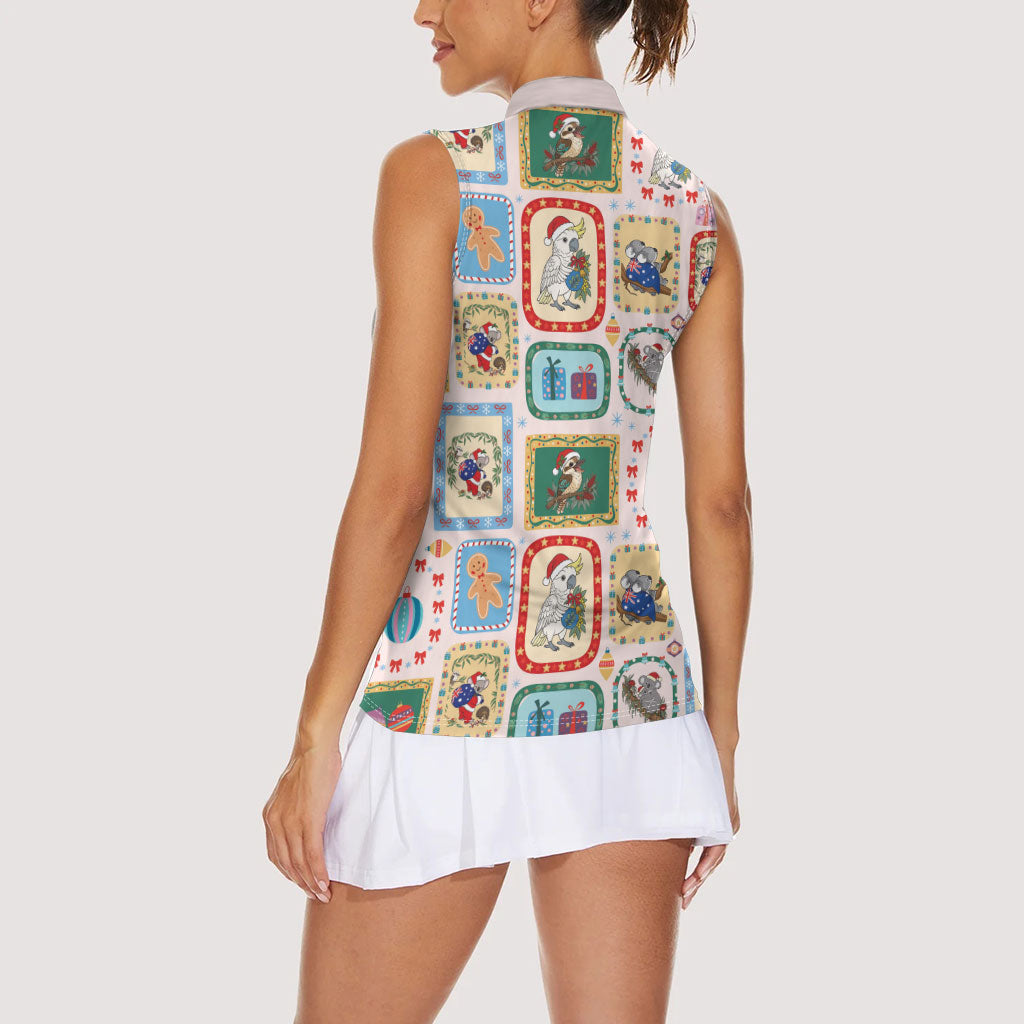 Australia Wildlife Christmas Stamp Women Sleeveless Polo Shirt Pink Aussie Native Animal Seamless Pattern