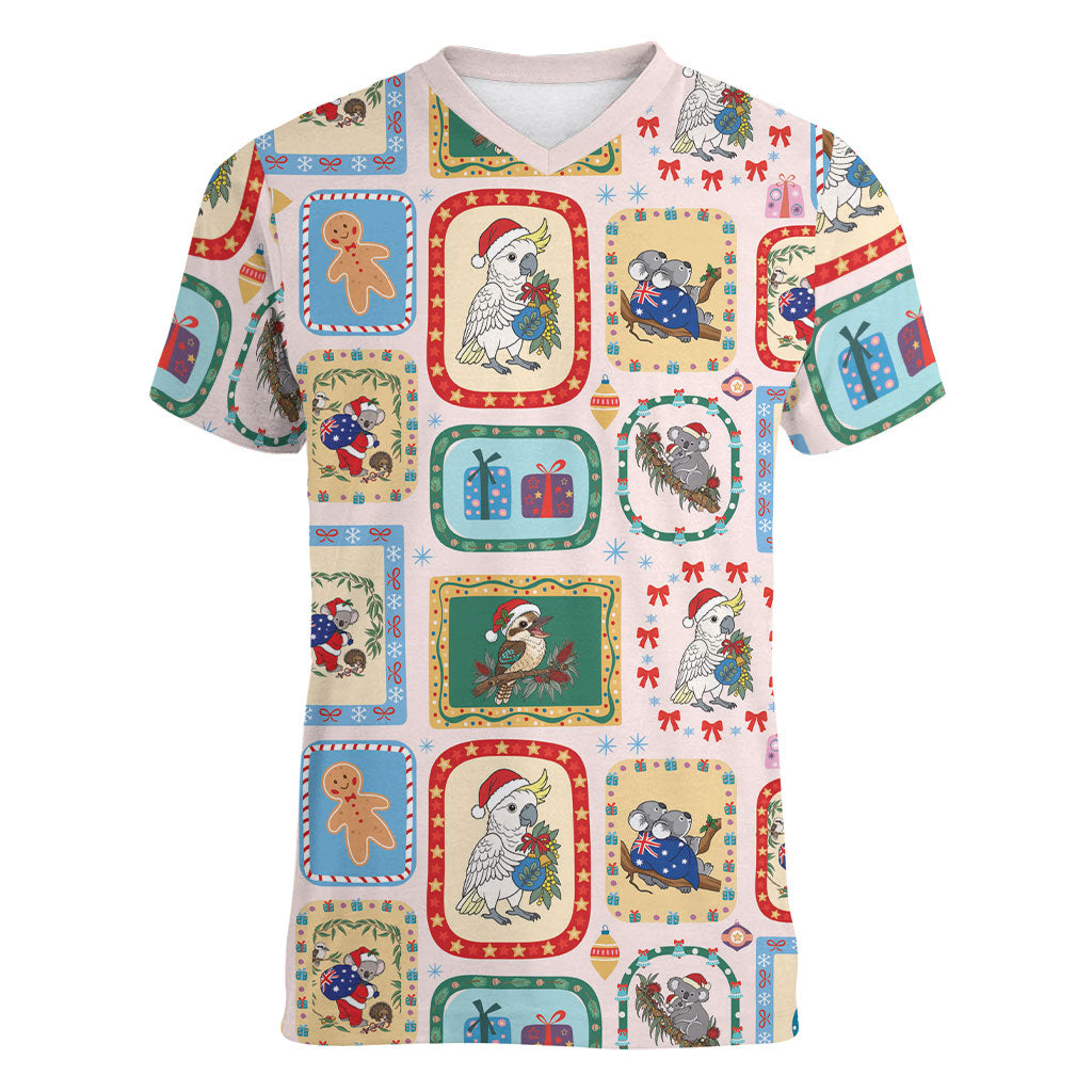 Australia Wildlife Christmas Stamp Women V-Neck T-Shirt Pink Aussie Native Animal Seamless Pattern