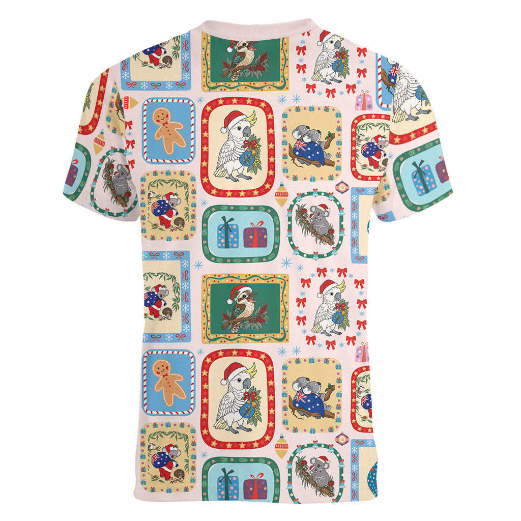Australia Wildlife Christmas Stamp Women V-Neck T-Shirt Pink Aussie Native Animal Seamless Pattern