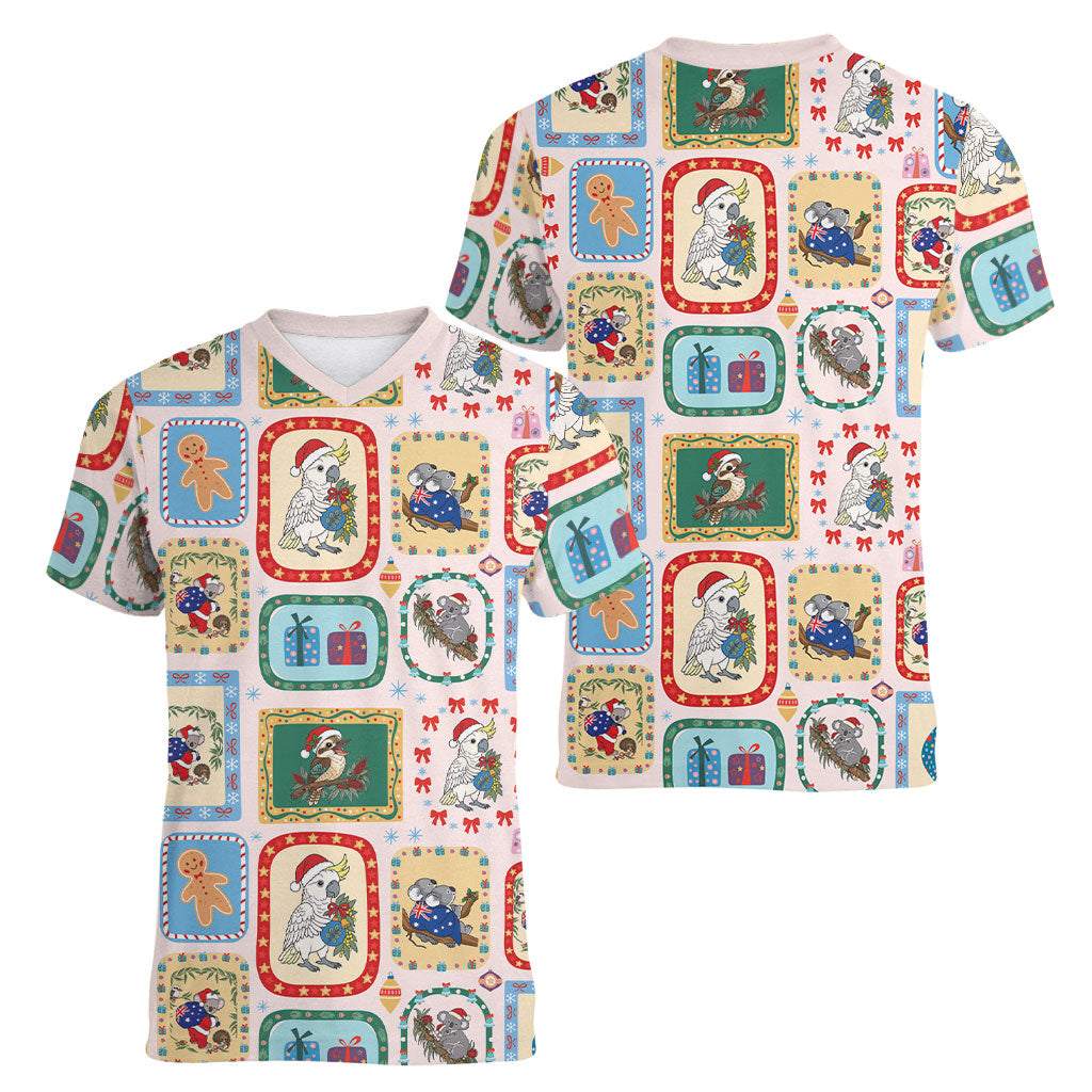 Australia Wildlife Christmas Stamp Women V-Neck T-Shirt Pink Aussie Native Animal Seamless Pattern