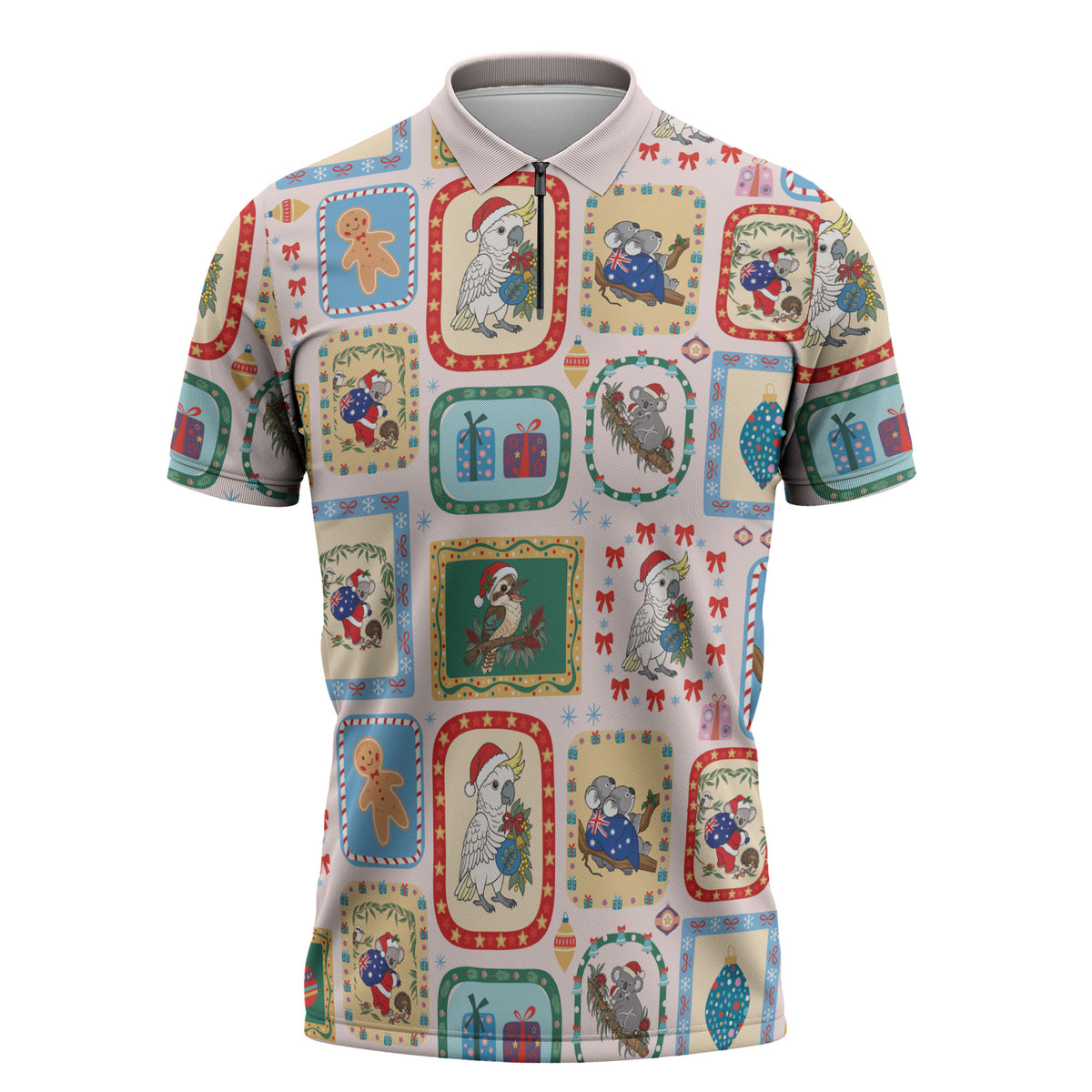 Australia Wildlife Christmas Stamp Zipper Polo Shirt Pink Aussie Native Animal Seamless Pattern