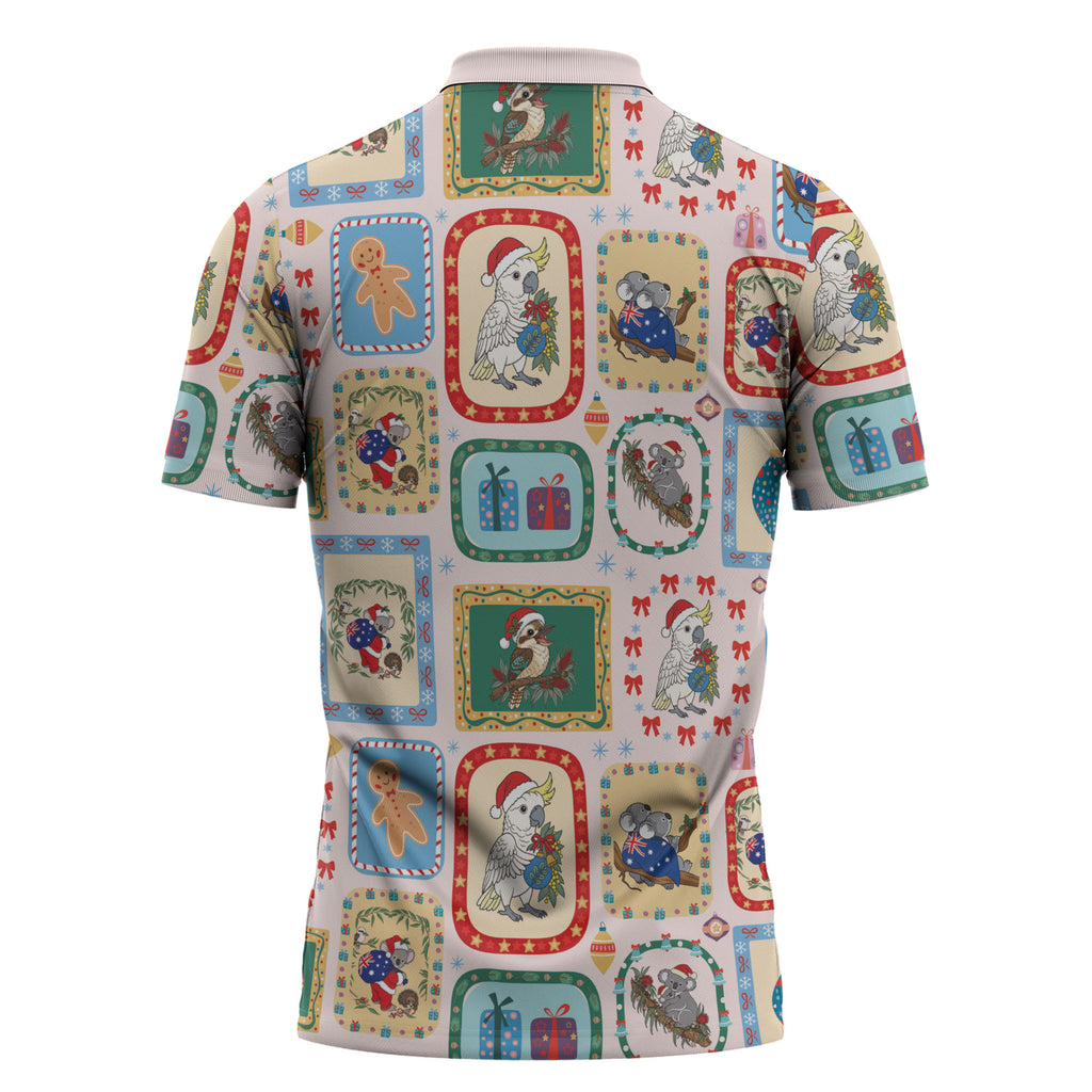 Australia Wildlife Christmas Stamp Zipper Polo Shirt Pink Aussie Native Animal Seamless Pattern