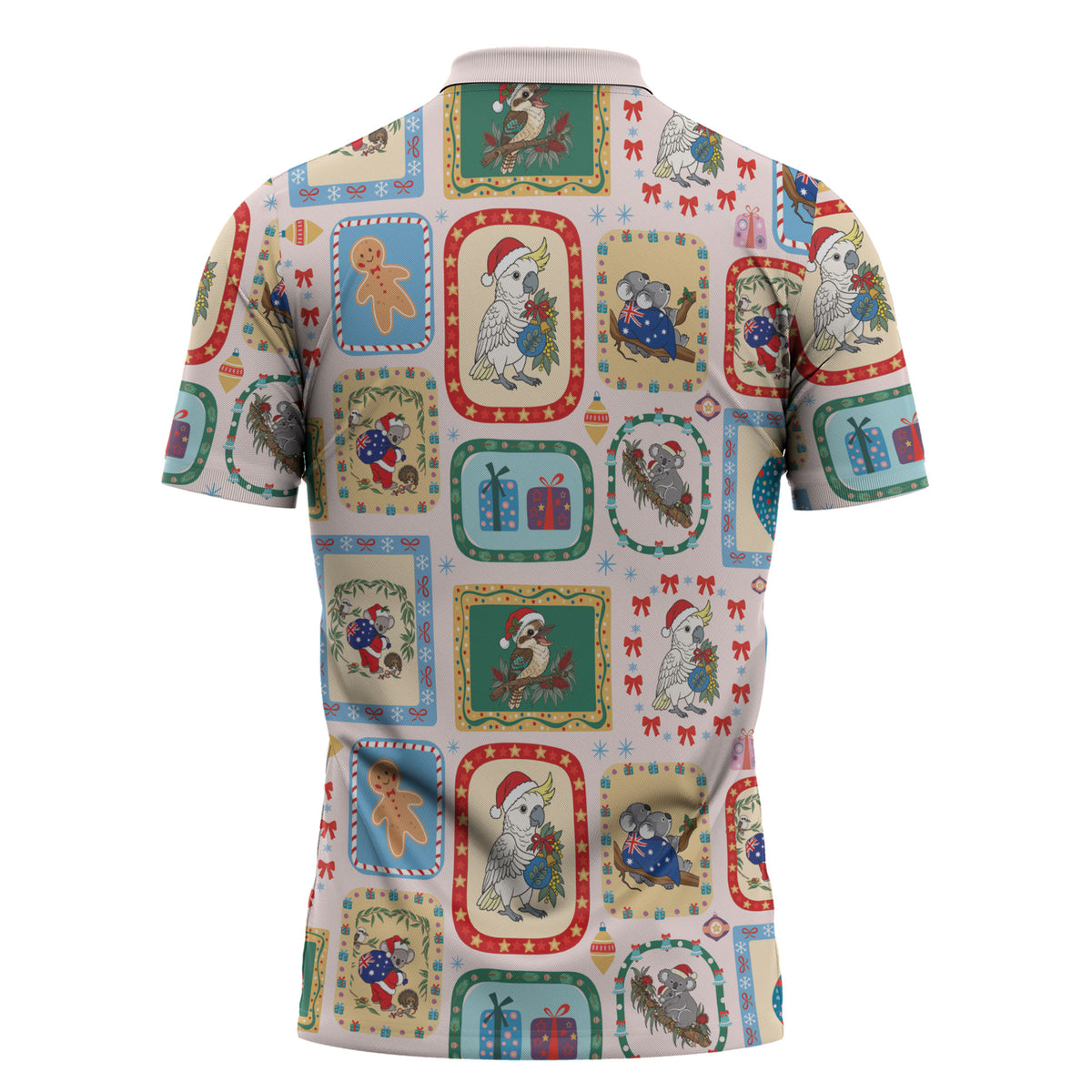 Australia Wildlife Christmas Stamp Zipper Polo Shirt Pink Aussie Native Animal Seamless Pattern
