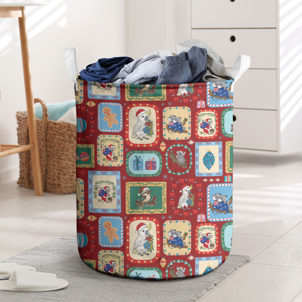 Australia Wildlife Christmas Stamp Laundry Basket Red Aussie Native Animal Seamless Pattern