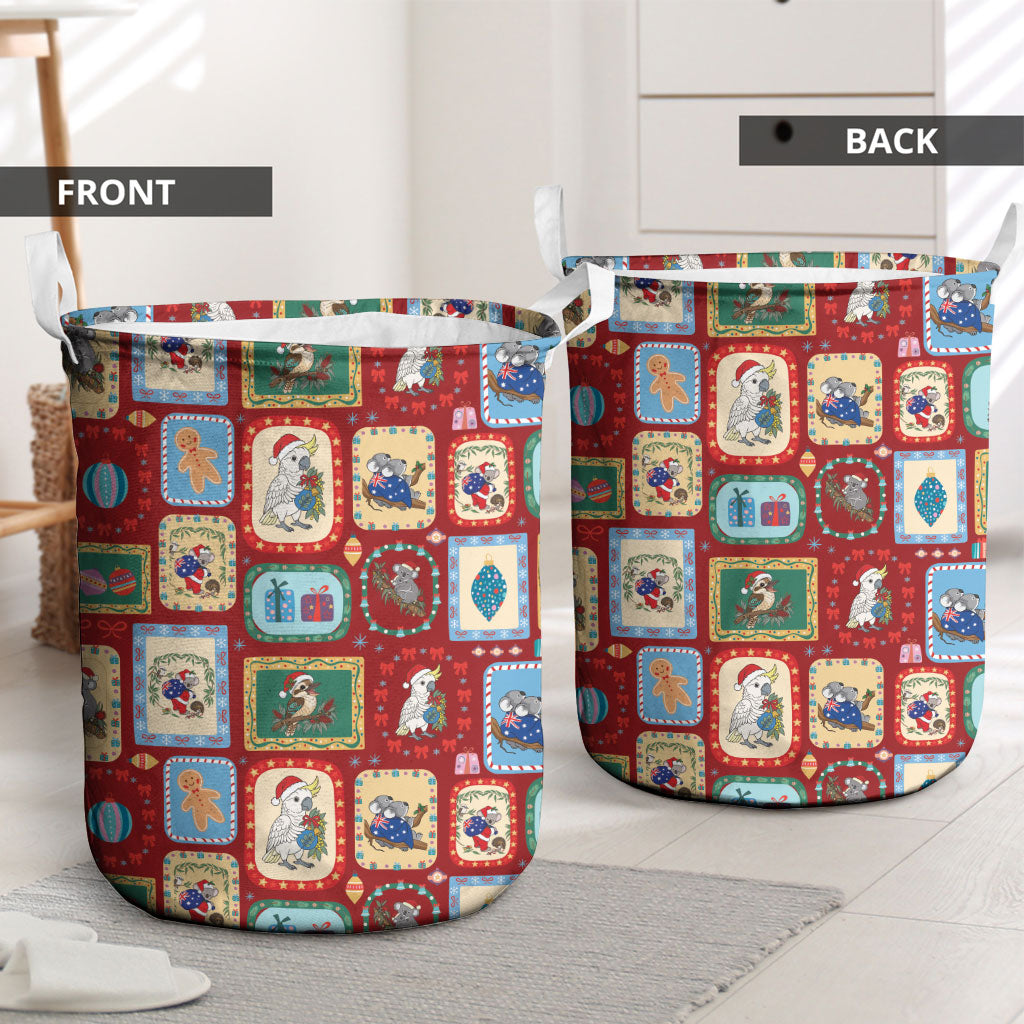 Australia Wildlife Christmas Stamp Laundry Basket Red Aussie Native Animal Seamless Pattern