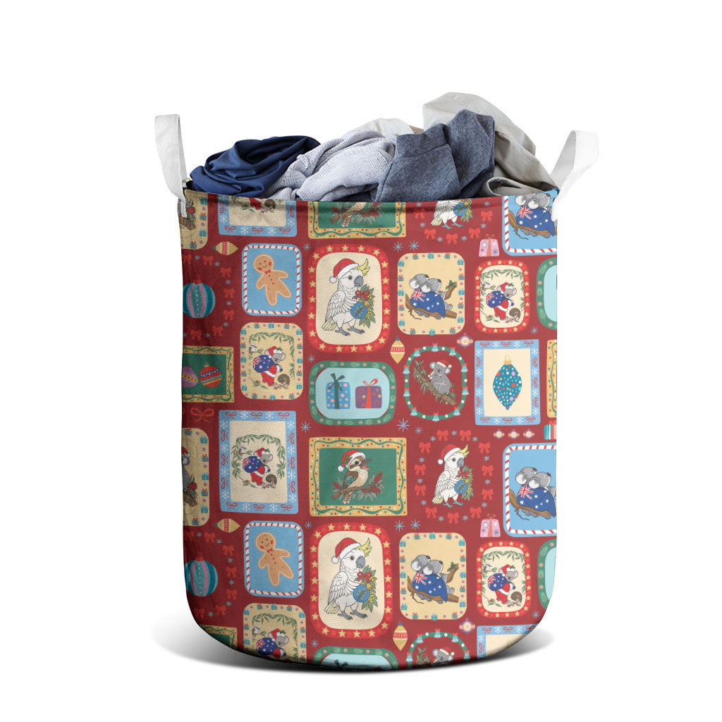 Australia Wildlife Christmas Stamp Laundry Basket Red Aussie Native Animal Seamless Pattern