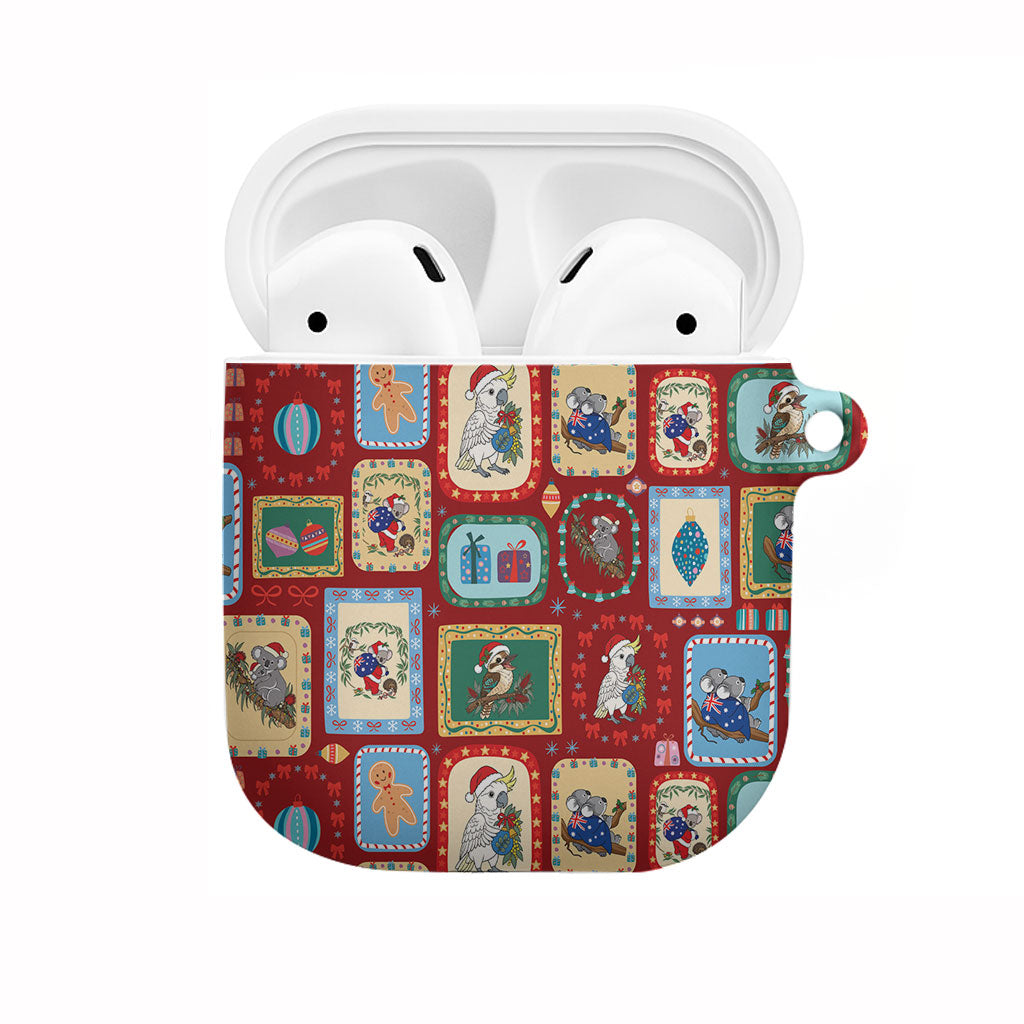Australia Wildlife Christmas Stamp AirPods Case Red Aussie Native Animal Seamless Pattern