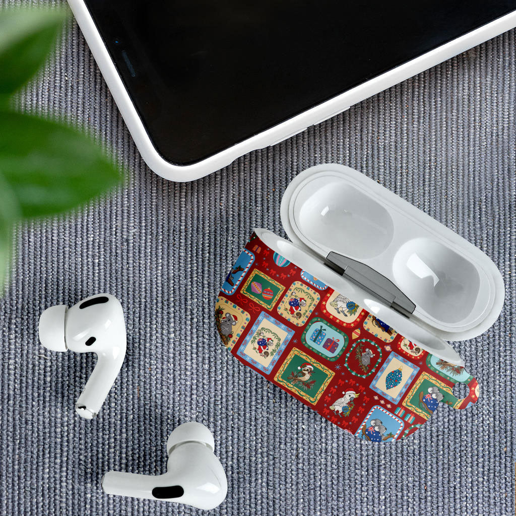 Australia Wildlife Christmas Stamp AirPods Case Red Aussie Native Animal Seamless Pattern
