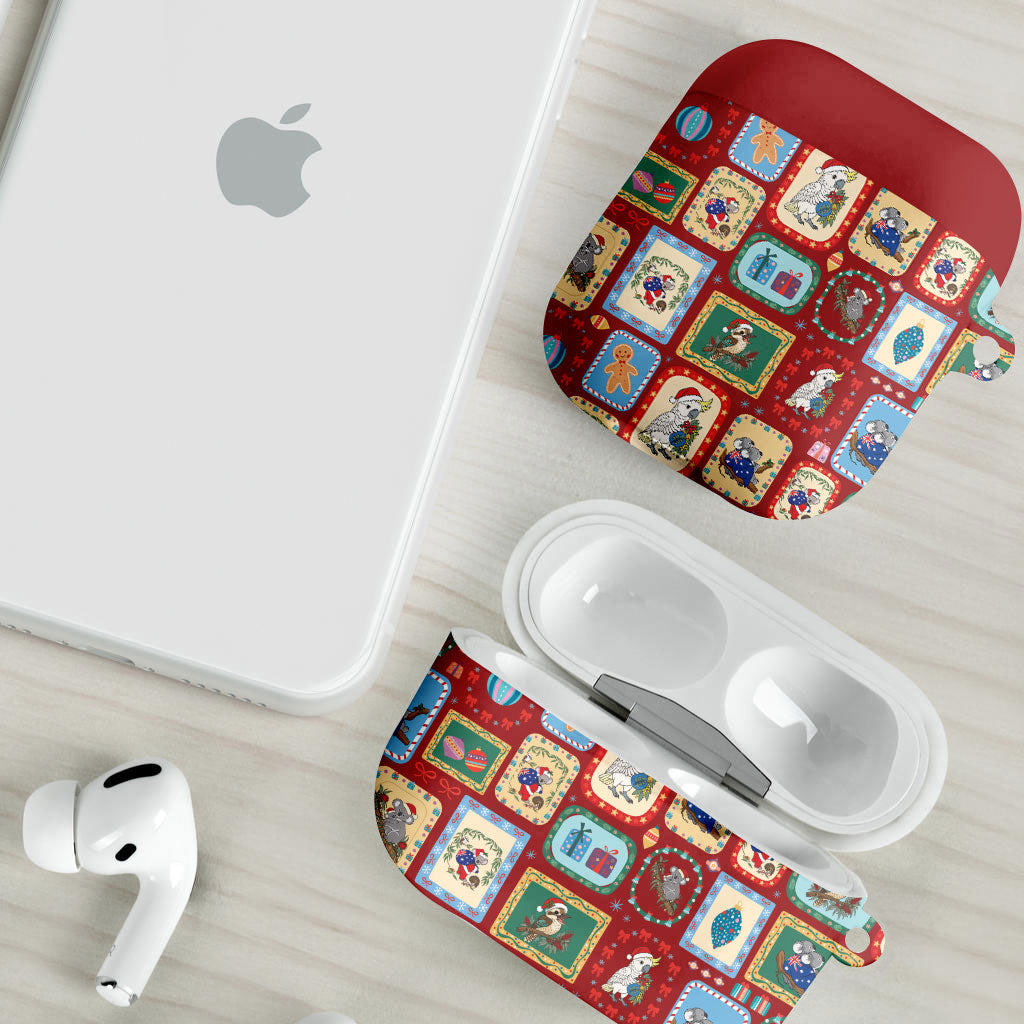 Australia Wildlife Christmas Stamp AirPods Case Red Aussie Native Animal Seamless Pattern